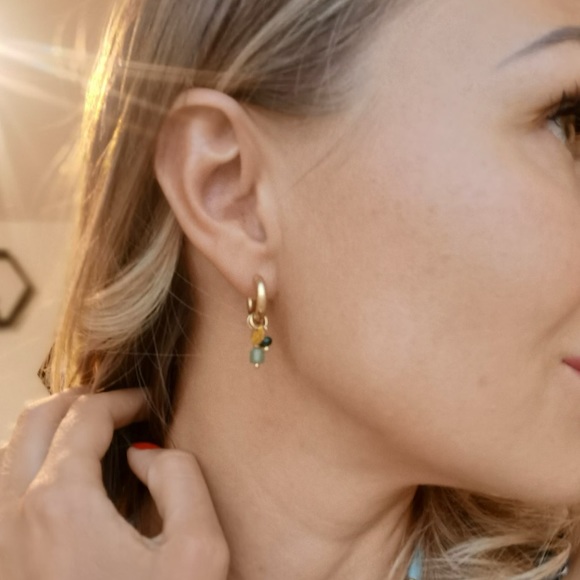 NEW 14k Gold Plated Stainless Steel Natural Jade Crystal Stone Hoop Earrings - Picture 7 of 7